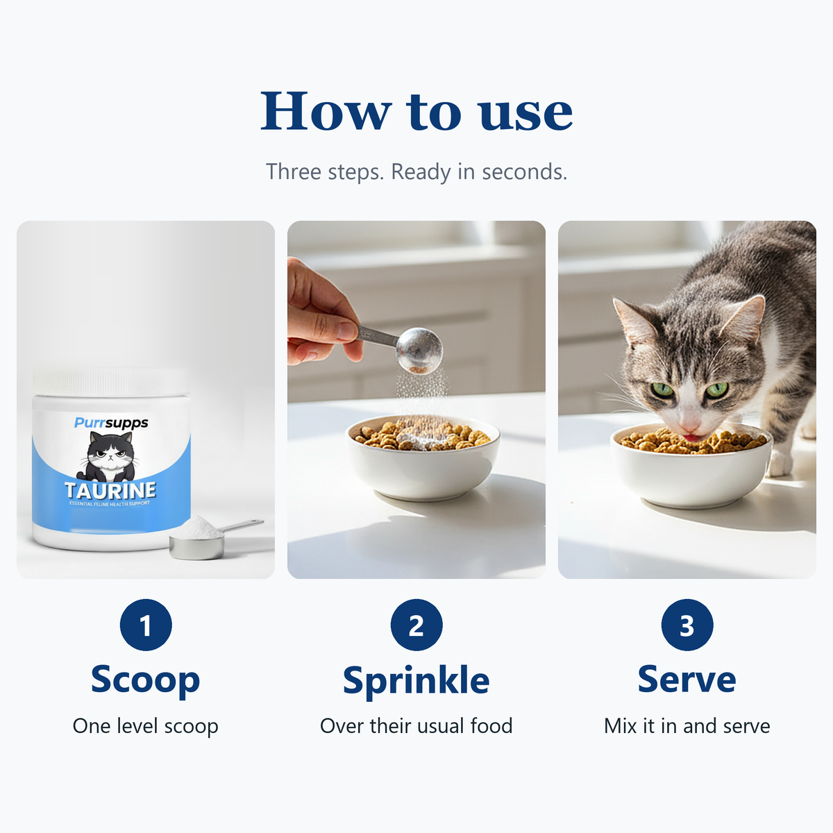 How to use Purrsupps Taurine: scoop, sprinkle, serve